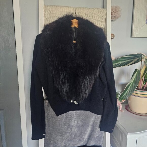 Vintage 50s Star Ruby Black Angora Blend Cardigan w/ Luxe Faux Fur Collar - Picture 1 of 5